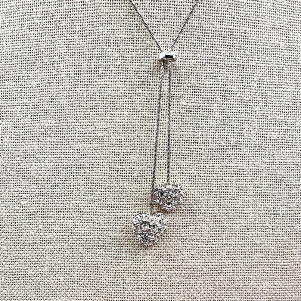 Vintage 90s Silver Pave Rhinestone Puffy Heart Lariat Necklace Tie Retro Jewelry